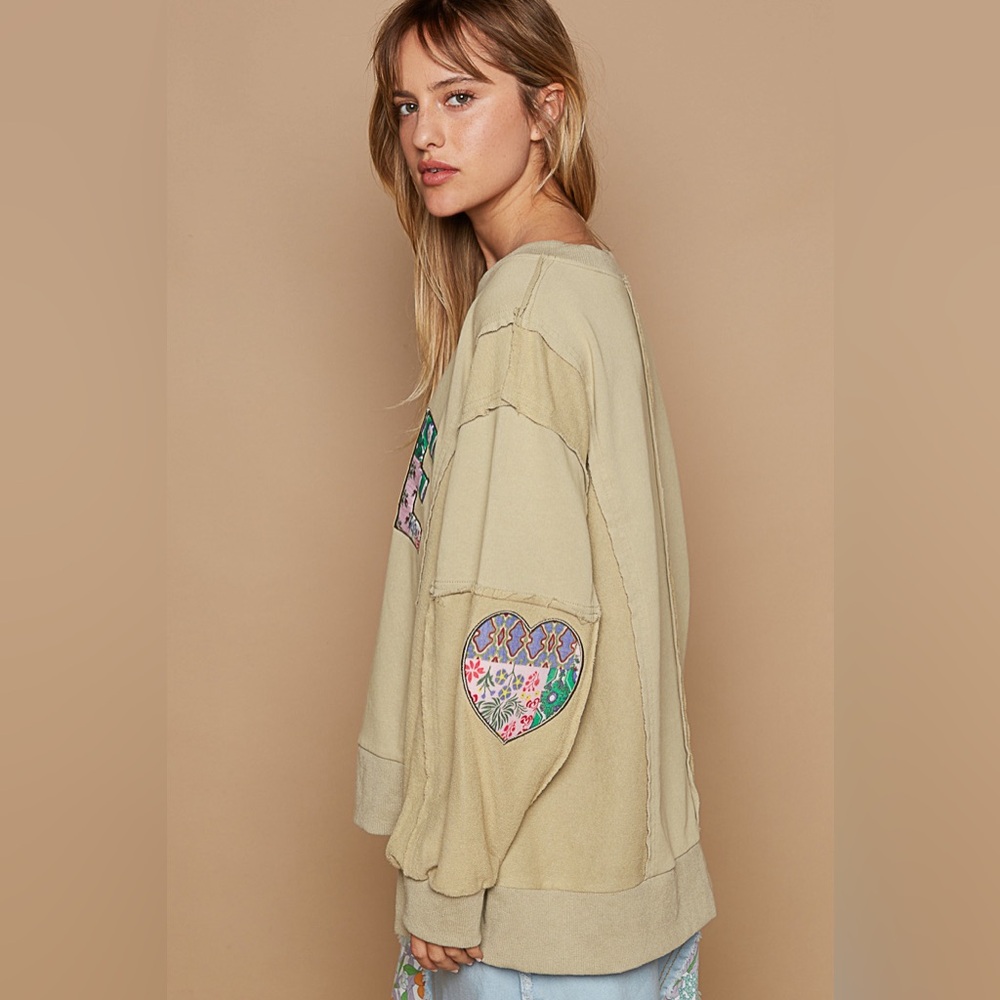 LOVE Appliqué Olive Green Women's Pullover Sweatshirt - Picture 2 of 4